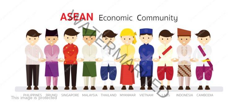 ASEAN Economic Community Traditional National Costumes. Grow your Business in ASEAN. Singapore Business Properties by David Hoicka, Licensed Depositphotos 159767822_1200